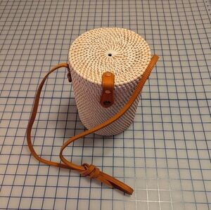 Stylish Tan and White Woven Cylinder Bag